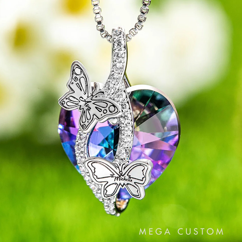 Personalized Birth Month Butterfly Zircon Crystal Heart Pendant Necklace with 1-6 Engraved Name Birthday Mother's Day Gardening Loves Gift for Women