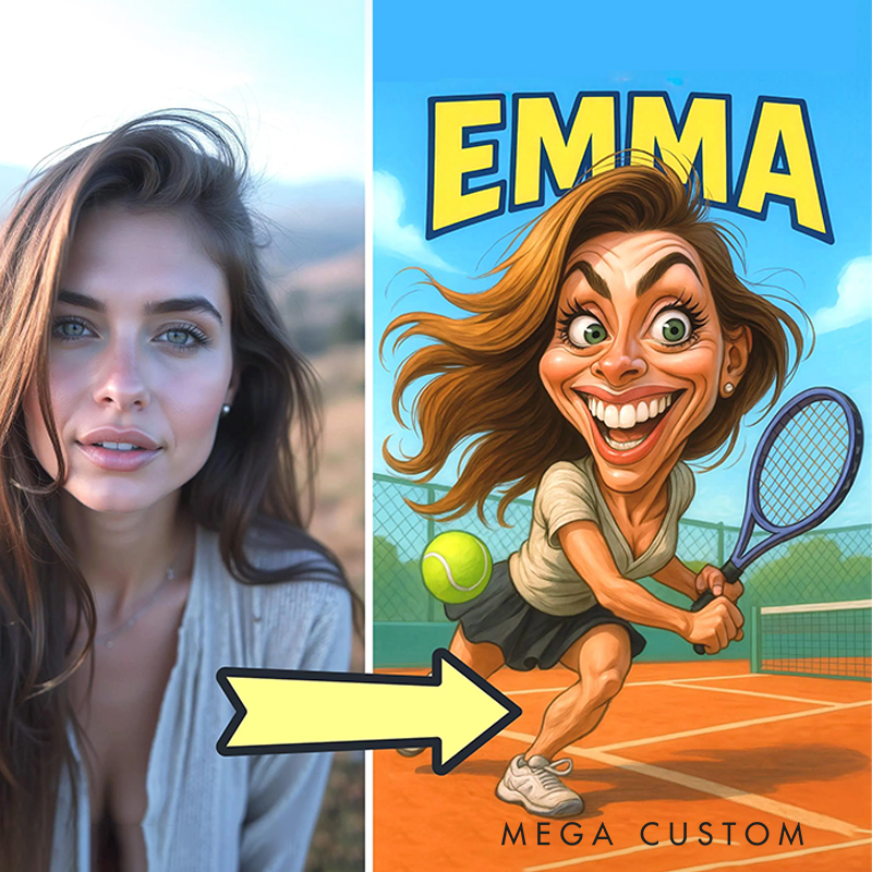 Personalized Funny Tennis Caricature Portrait from Your Photo Wall Hangings with Custom Name  