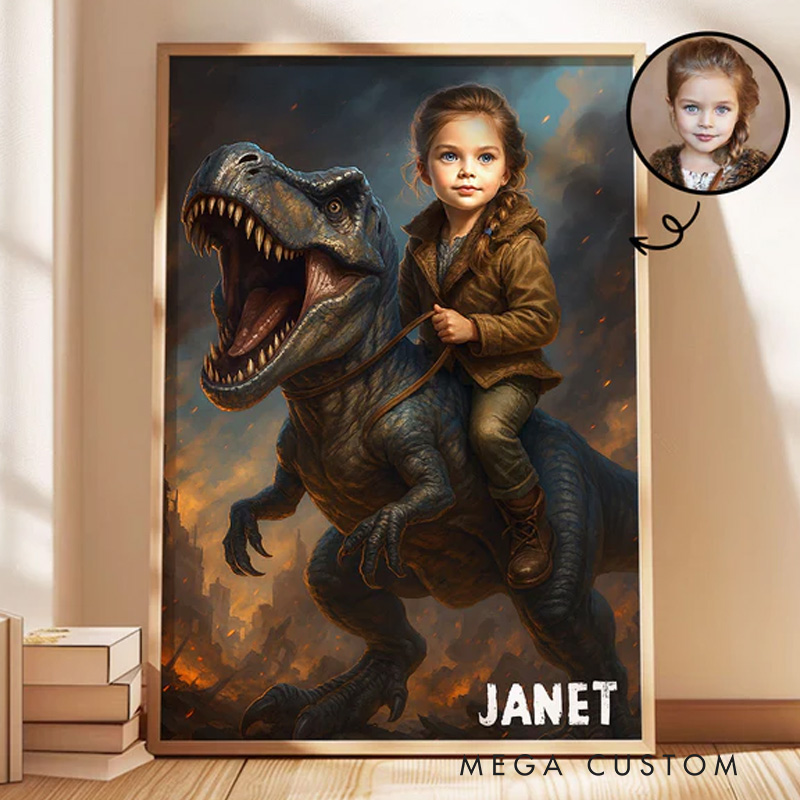 Personalized Child Riding Dinosaur Art Custom Portrait from Photo Personalized Poster Dinosaur Birthday Party Christmas Gifts for Kids and Grandkids