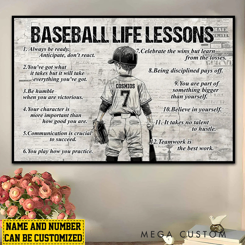 Personalized Baseball Life Lessons Wall Art Poster Without Frame with Custom Name and Number  