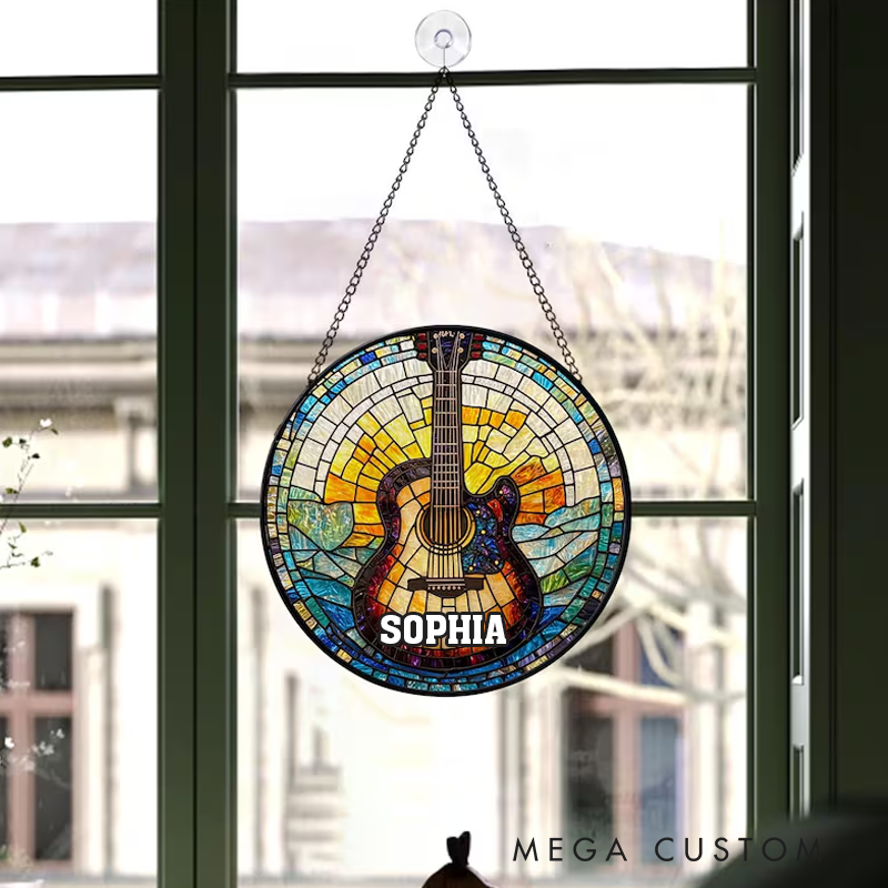 Personalized Name Faux Stained Glass Guitar Suncatcher Musical Instrument Stained Glass Ornament Music Lover and Guitar Lover Gift House Decor