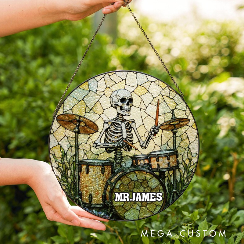 Personalized Name Skeleton Drummer Stained Glass Round Suncatcher Music Art Home Decor Gift for Rock Music Lover
