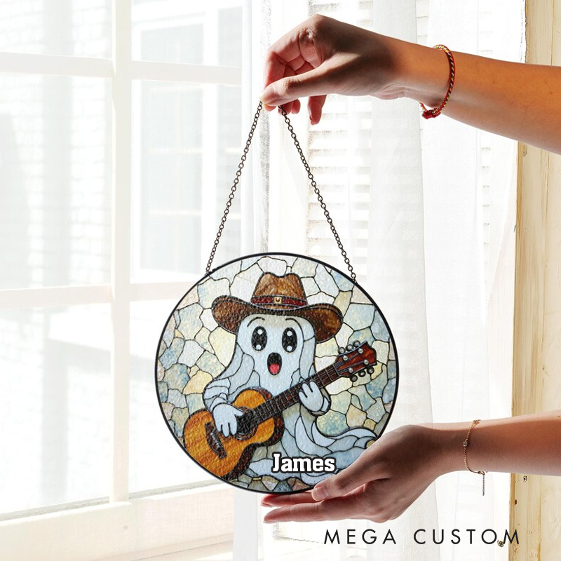 Personalized Name Cute Ghost Playing Guitar Stained Glass Suncatcher Funny Window Decor Gift for Music Lover