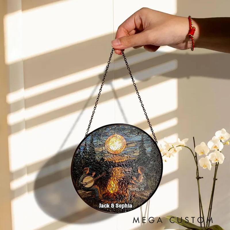 Personalized Name Campfire Banjo Music Stained Glass Nature Lover Stained Glass Art Decor Forest Night Scene Ornament