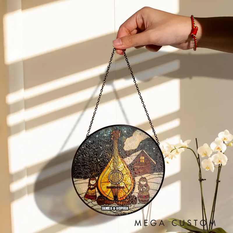 Personalized Name Christmas Gift for Lute Player Stained Glass Musician Hobby Music Ornament String Instrument Stained Glass Cabin Scene Holiday Art