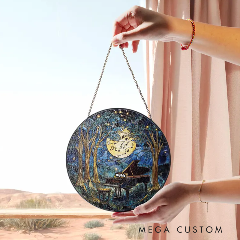 Personalized Name Piano Hobby Stained Glass Musician Job Gift Forest Music Lover Artistic Home Accent Wall Hanging