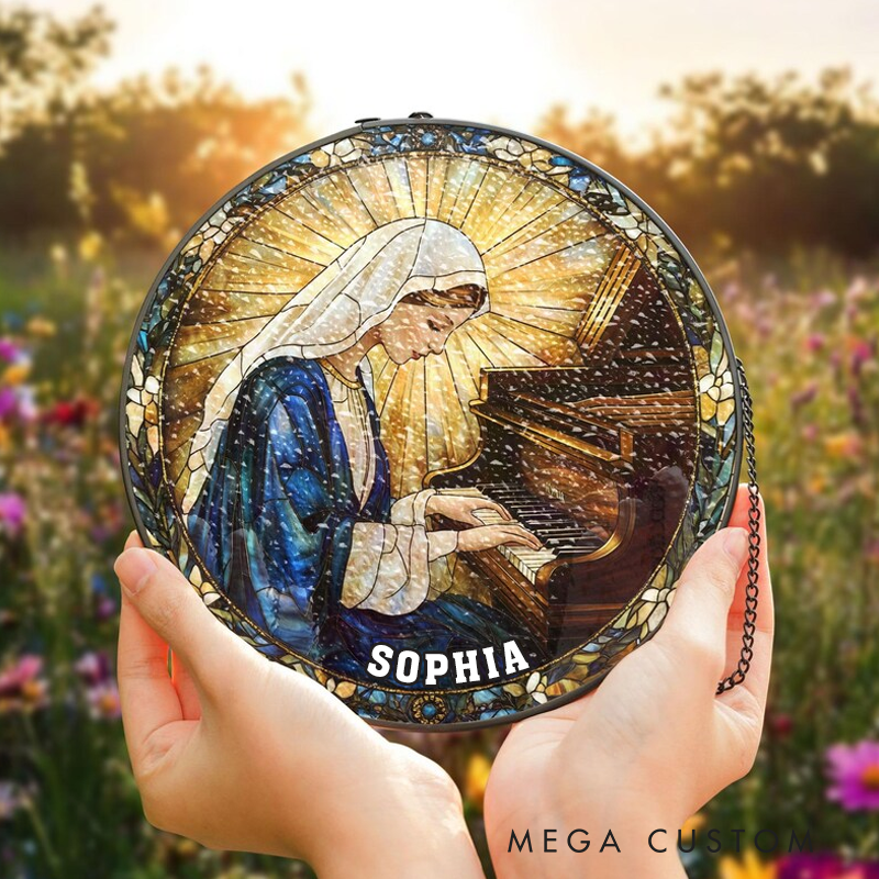 Personalized Name Virgin Mary Piano Stained Glass Suncatcher Catholic Music Lover Stained Glass Religious Pianist Gift Christian Window Hanging