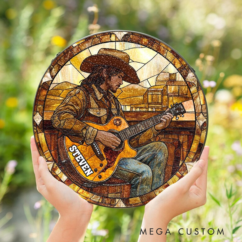 Personalized Name Cowboy Playing Guitar Stained Glass Suncatcher Country Music Lover Suncatcher Gift for Musician Window Hanging