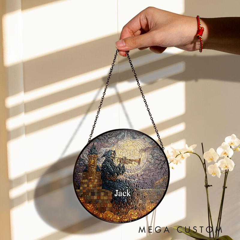 Personalized Name Skeleton Trumpet Player Stained Glass Grim Reaper Musician Suncatcher Halloween Gothic Decor Window Hanging