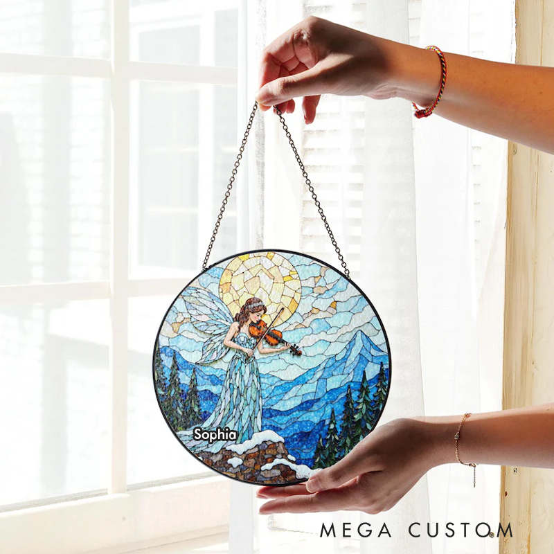 Personalized Name Suncatcher Stained Glass Fairy Playing Violin in Mountain Scene Gift Home Decor