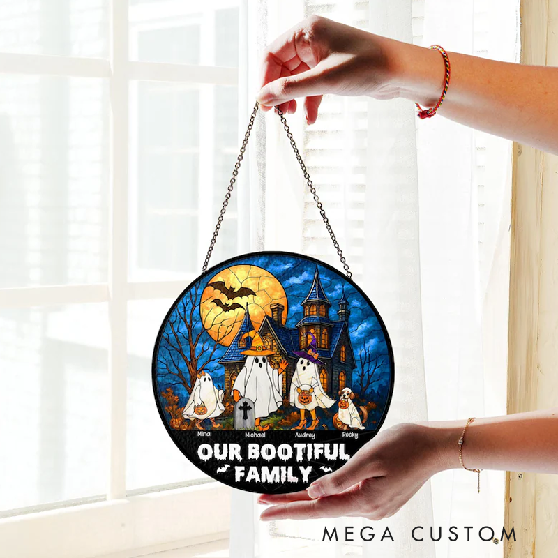 Personalized Name Our Bootiful Family Stained Glass Suncatcher Custom Halloween Window Hanging Fall Stained Glass Art Spooky Home Decor