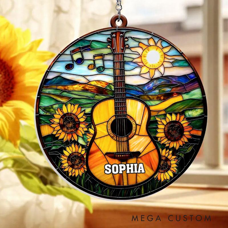 Personalized Name Guitar Suncatcher Guitar Sunflower Ornament Musical Instrument Window Hanging Music Lover Gift Music Suncatcher Guitar Players