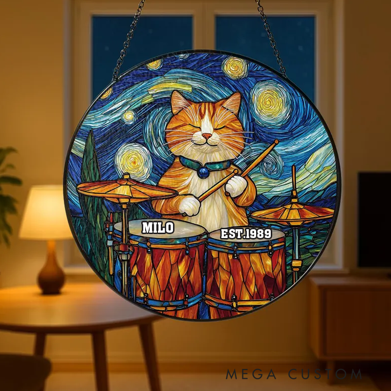 Personalized Name Cat Playing Drums with Starry Night Sky Stained Glass Suncatcher Musical Window Hanging Artistic Home Decor Ornament Gift