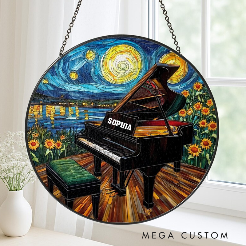 Personalized Name Grand Piano with Starry Night Sky and Sunflowers Stained Glass Suncatcher Artistic Window Hanging Unique Music Home Decor Gift