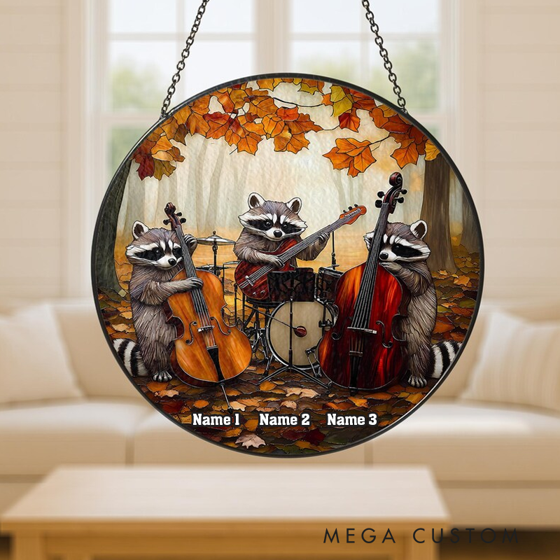 Personalized Name Raccoon Band Stained Glass Suncatcher Autumn Forest Animal with Music Instruments Window Hanging Unique Home Decor