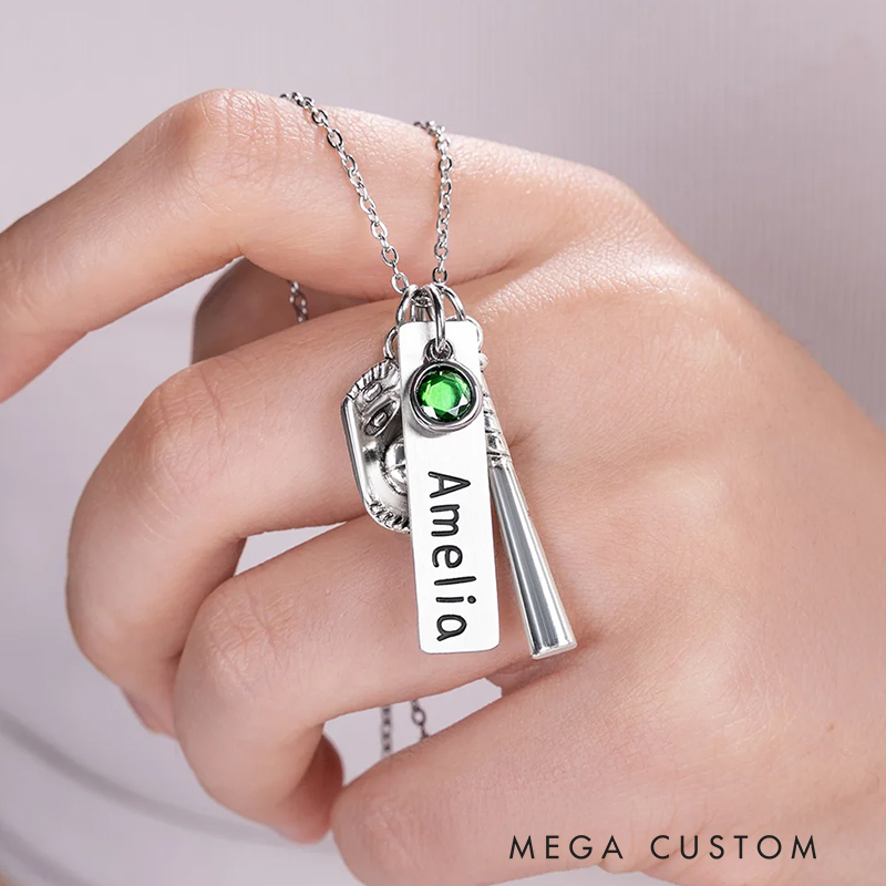 Personalized Birthstone Softball Baseball Bat Glove Necklace with Engraved Name Game Day Team Birthday Gift for Sports Lover