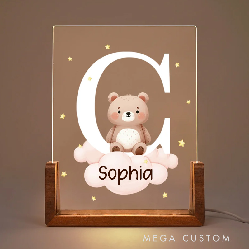 Personalized Cute Forest Animal Acrylic Cloud Star LED Night Light with Wooden Base Name and Initial Birthday Day Gift for Boys Girls
