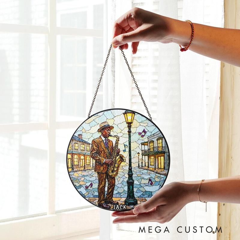 Personalized Name Jazz Saxophone Street Scene Suncatcher Stained Glass Window Decor Gift for Music Lover
