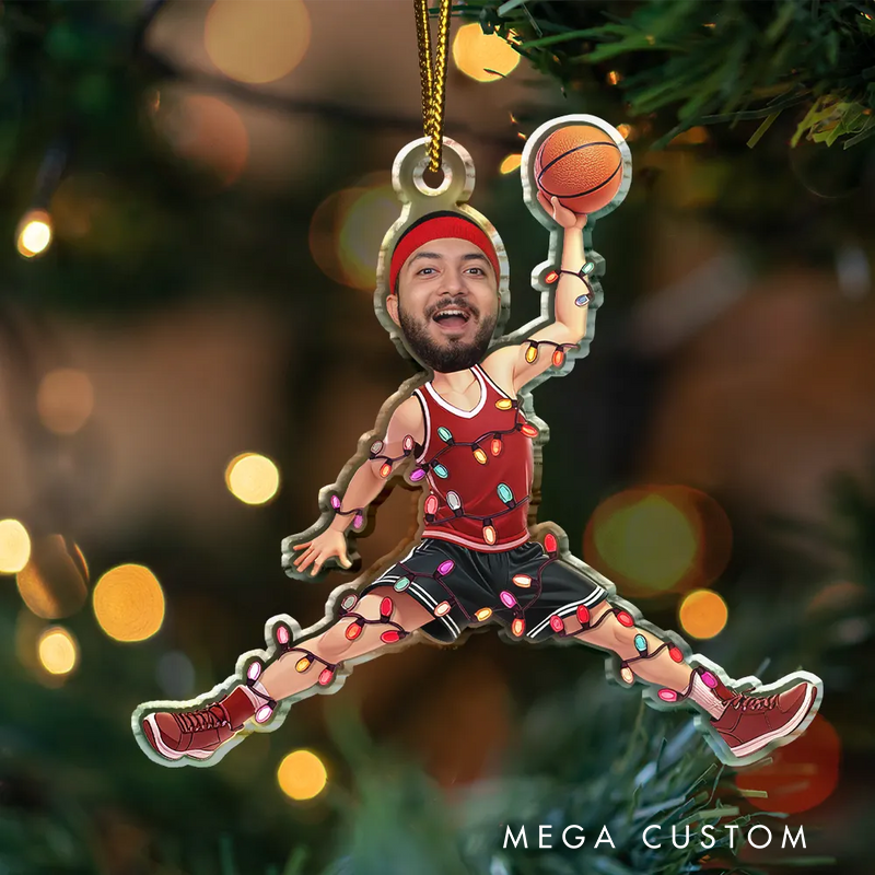 Personalized Basketball Player Christmas Ornament with Custom Face and Festive String Light Design