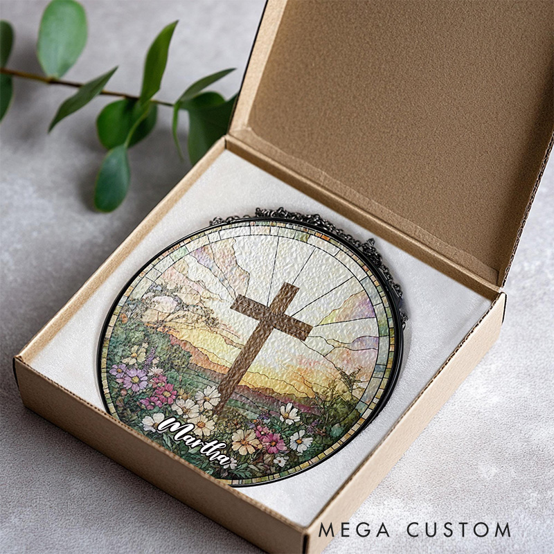 Personalized Stained Glass Cross and Wildflowers Suncatcher Ornament with Name Window Balcony Hanging Decor Christmas Home Decor Religious Faith Gift