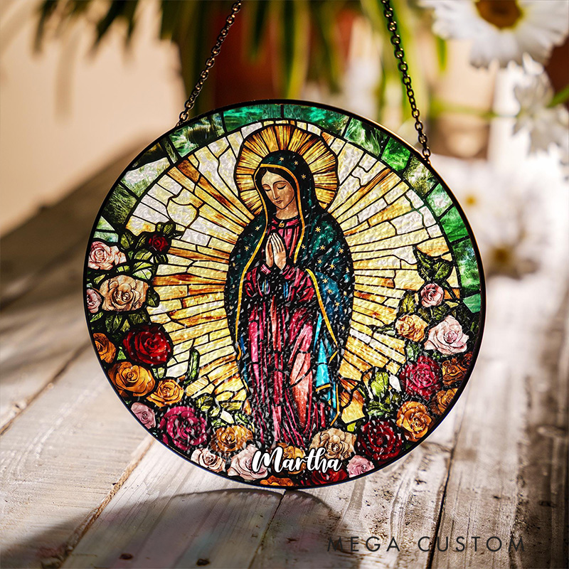 Personalized Lady of Guadalupe Stained Glass Suncatcher Ornament with Name Religious Virgin Mary Window Hanging Decor Mother of God Catholic Gift