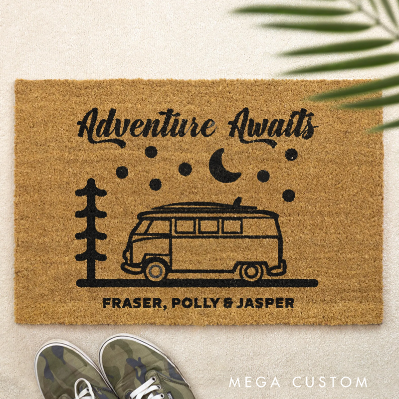 Personalised Brush Door Mat Front Door Mat Custom Adventure Awaits Camper Van Couple Gift Family Name