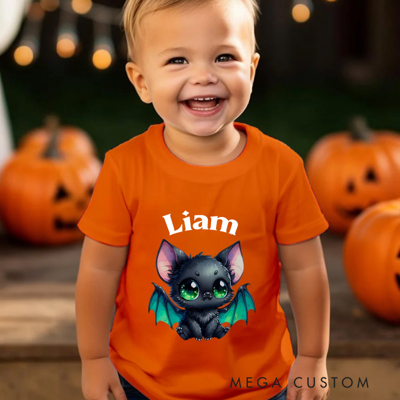 Personalized Cartoon Bat Pumpkin Kids Shirt with Name and Text Halloween Gift for Boys Girls