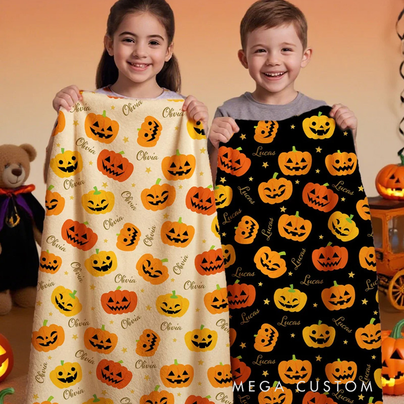 Personalized Halloween Pumpkins Stars Soft Throw Blanket with Name Home Party Decor Halloween Gift for Boys Girls