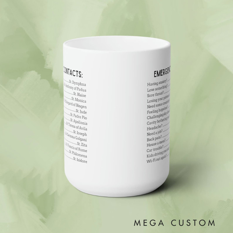 Personalized Emergency Contacts Catholic 11oz 15oz Ceramic Mug with Name All Saints Coffee Mug Godmother Gift Mug Catholic Gifts Confirmation Gifts