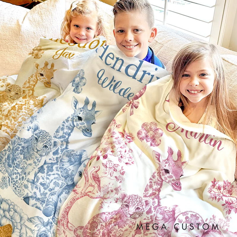 Personalized Mluticolor Floral Leopard Giraffe Elephant Soft Throw Blanket with Name and Surname Nursery Room Gift for Boys Girls
