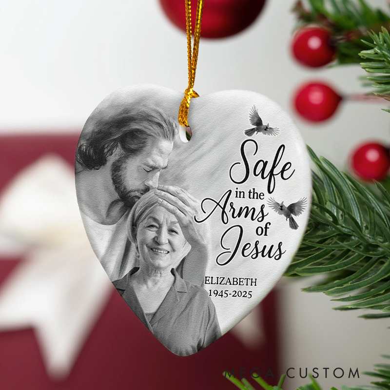 Personalized Memorial Ornament Safe In The Arm Of Jesus Ceramic Photo Ornament for Loss of Loved One
