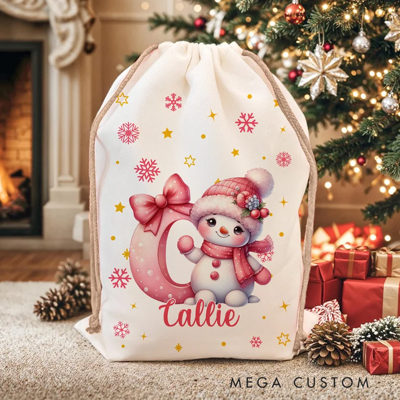 Personalized Cute Cartoon Santa Hat Snowman Initial Drawstring Gift Bag with Name Christmas Gift 