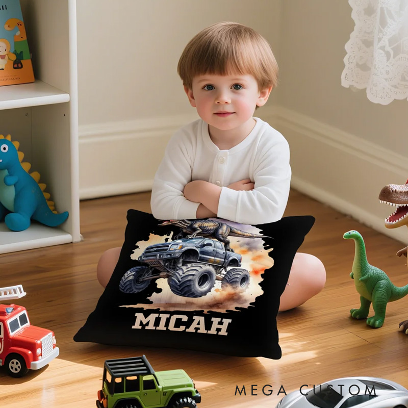 Personalized Dinosaur Truck Soft Throw Pillow with Name Room Decor Birthday Christmas Gift for Boys Girls
