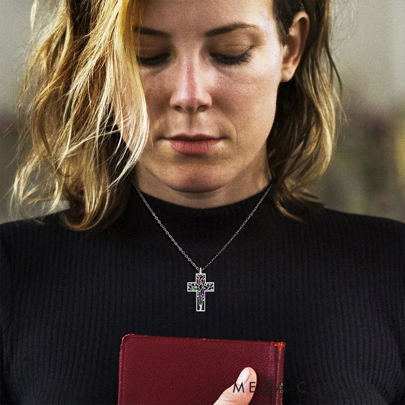 Personalized Cross 3 Birthstones Family Tree Necklace Dainty Jewelry Mother's Day Baptism Birthday Gift for Mom Grandma Christian