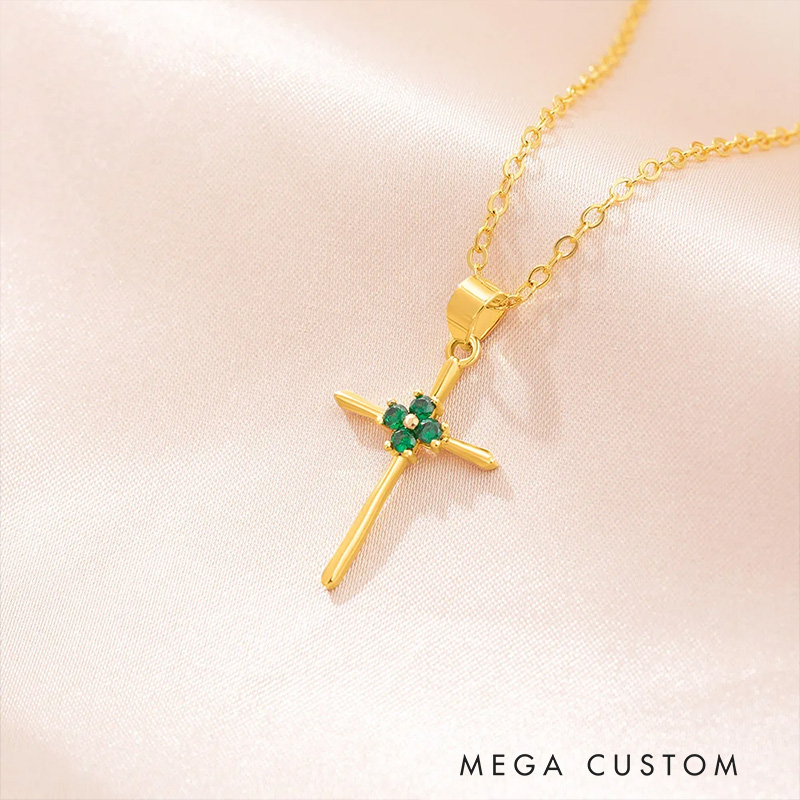 Personalized Minimalism 4 Birthstones Cross Necklace Jesus Jewelry Birthday Christian Baptism Gift for Women