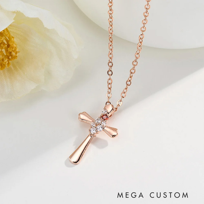 Personalized Dainty Zircon Cross Necklace with 1-4 Birthstones Religious Jewelry Birthday Baptism Mother's Day Gift for Women Christian
