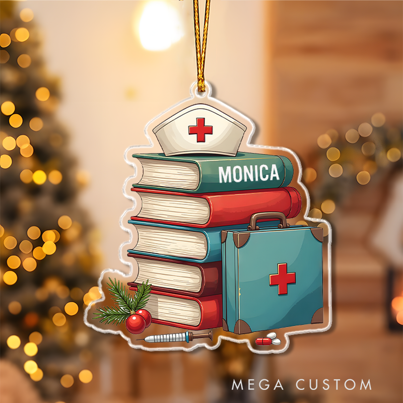 Personalized Books Cap and Care Kit Christmas Ornament Custom Name Acrylic Ornament Christmas Gift for Nurse