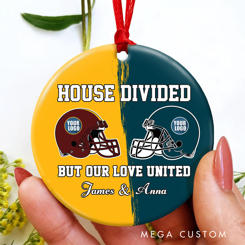 Personalized American Football Christmas Ornament for Couples with Custom Team Logos and Names