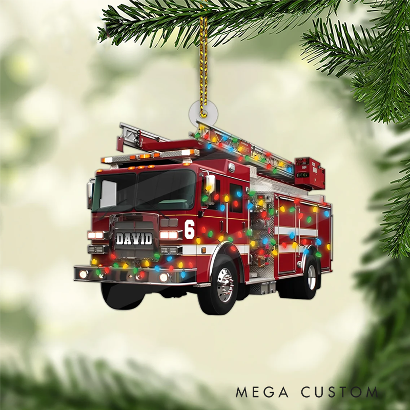 Personalized Fire Truck Christmas Acrylic Ornament with Festive Lights Design Gift for Firefighters