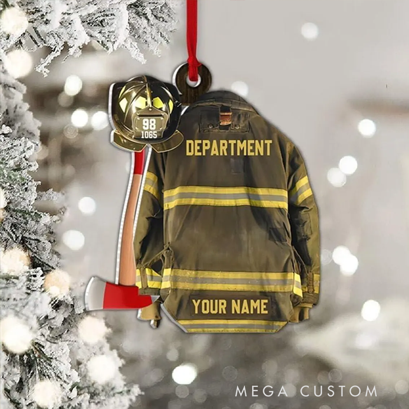Personalized Firefighter Jacket and Axe Christmas Acrylic Ornament Gift for Firefighters