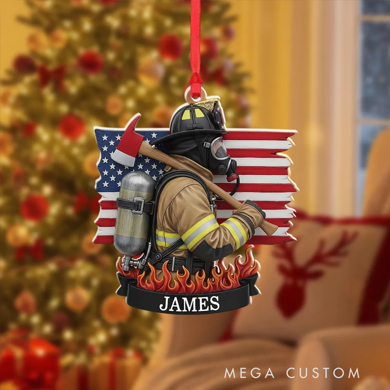 Personalized Firefighter with Axe and American Flag Christmas Acrylic Ornament Gift for Firefighters