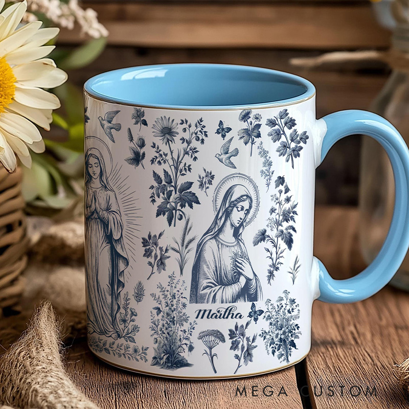 Personalized Catholic Virgin Mary Toile  11oz 15oz Ceramic Mug with Name Our Lady Coffee Cup Floral Catholic Mug Marian Mug Christian Gift for Women