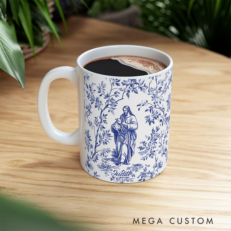 Personalized Jesus and Lost Lamb Blue Toile de Jouy 11oz 15oz Ceramic Mug with Name French Toile Coffee Cup Religious Gift for Women Faith Tea Cup