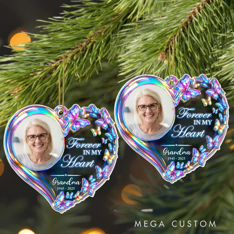 Personalized Memorial Photo Ornament Forever In My Heart Colorful Butterflies Ornament Sympathy Gifts for Loss of Loved One