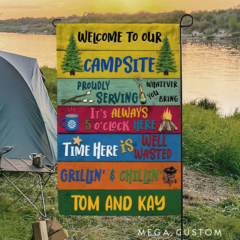 Personalized Welcome to Our Campsite Camping Flag Proudly Serving Custom Flag Camping Gift for Camping Lovers Couple Family Camping Decor