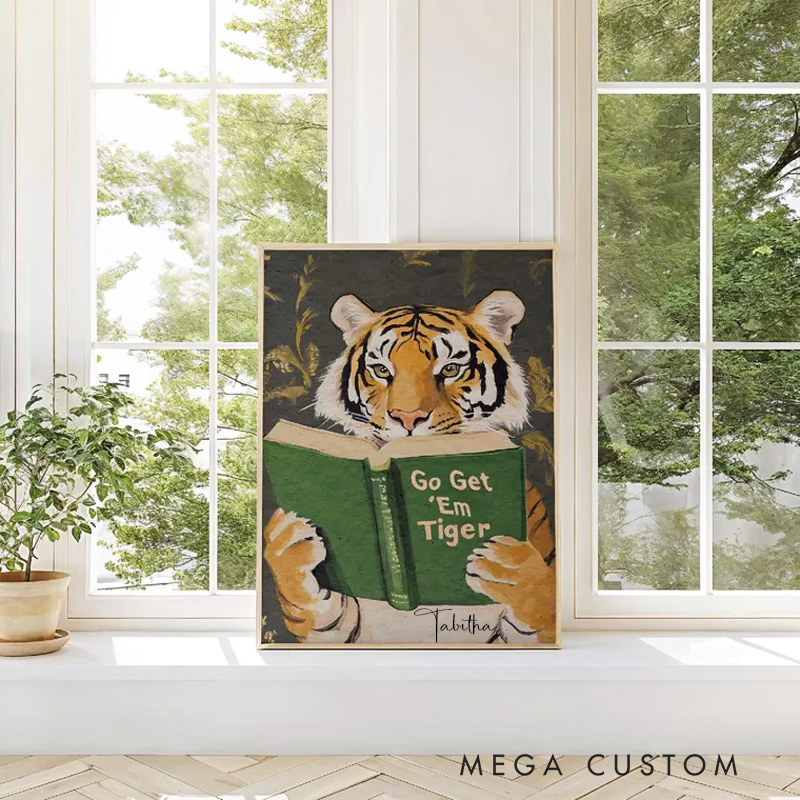 Personalized Motivational Tiger Reading Print with Name Bookworm Wall Art for Library Print Wall Decor Book Lover Office Home Decor