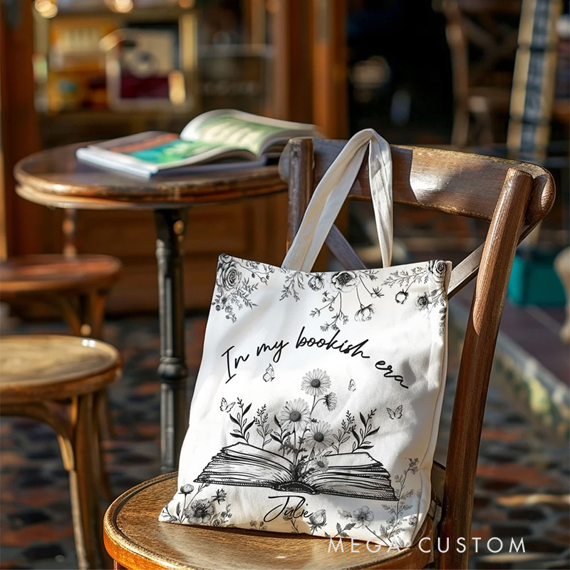 Personalized in My Bookish Era Toile Tote Bag Birth Flower Canvas Bag with Name Birthday Gift for Reading Lover Bookworm Bookish Gift