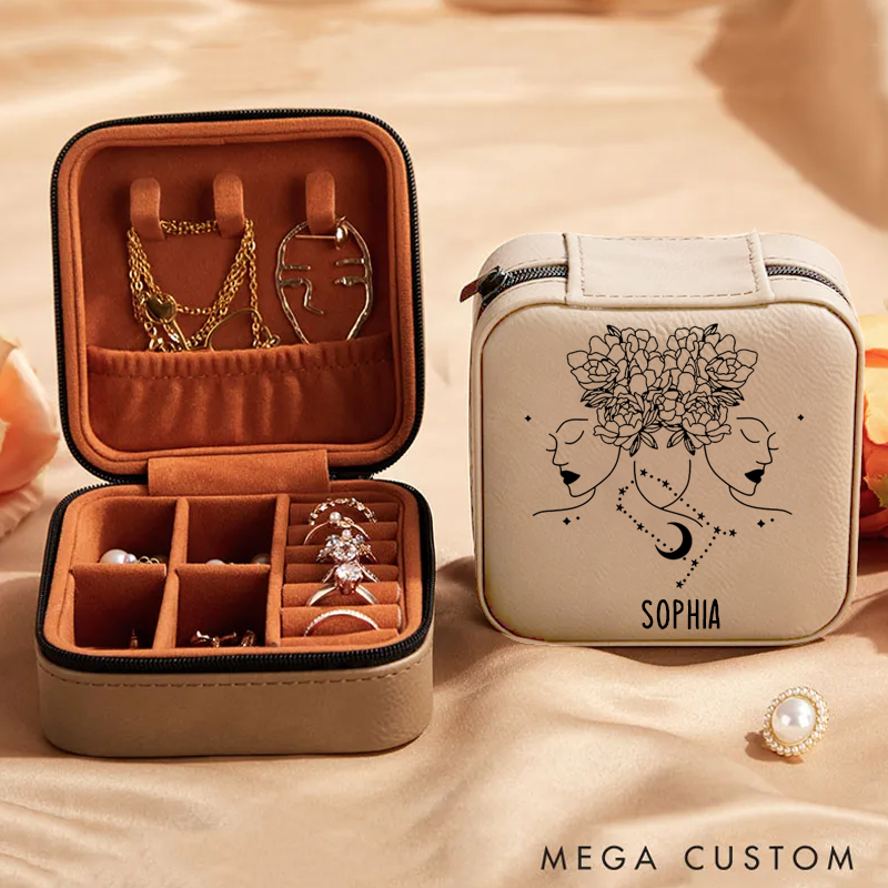 Personalized Leather Jewelry Box With Name Zodiac Signs Gifts for Women Jewelry Travel Case Jewelry Organizer Box
