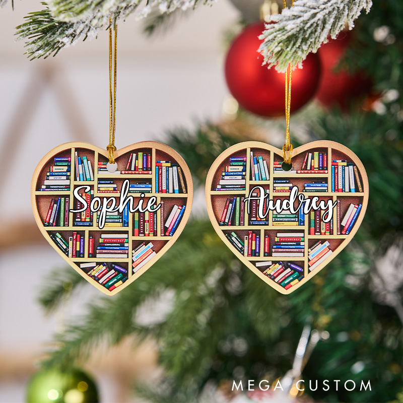 Personalized Heart Shape Book Shelf Christmas Ornament Book Club Ornament Acrylic Christmas Tree Car Pendant for Book Lover Gift Librarian Gift
