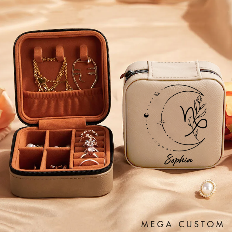 Personalized Leather Zodiac Sign Jewelry Case Zodiac Moon Gift Zodiac Leather Travel Case Gift for Her